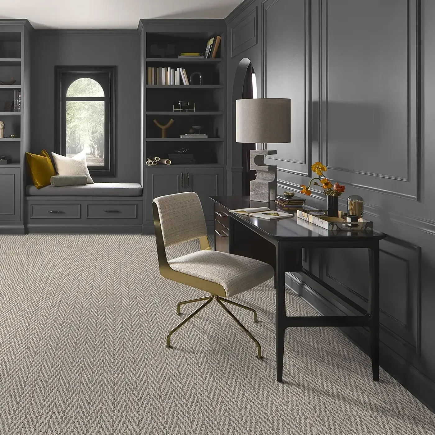 Shaw Floors tan patterned carpet in a residential office | Fantastic Floors