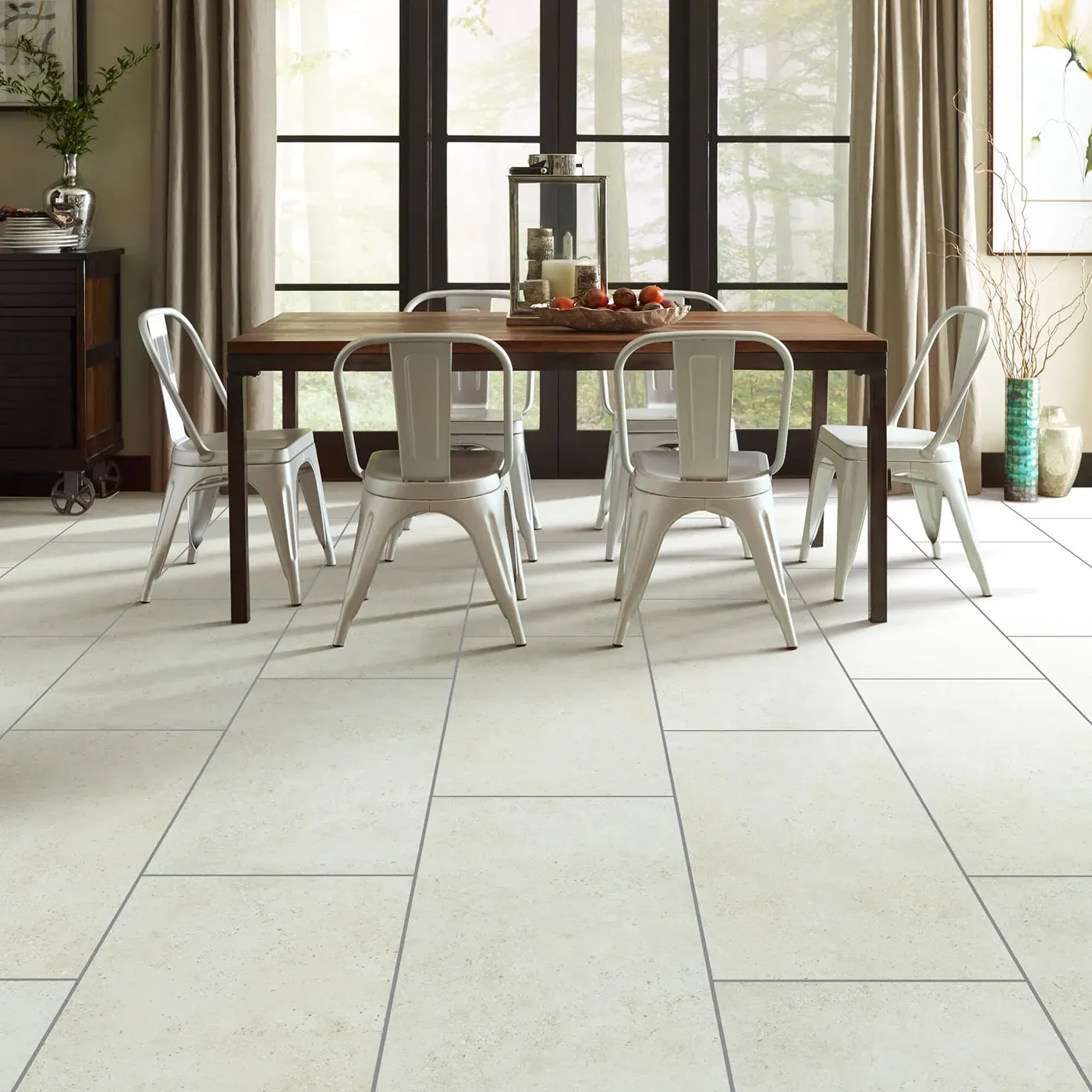 Shaw Floors Avorio large rectangular light beige tile in a dining room | Fantastic Floors