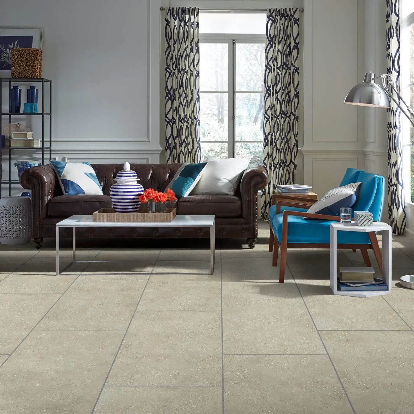 Shaw Floors tile in a light beige cafe color, in a living room | Fantastic Floors