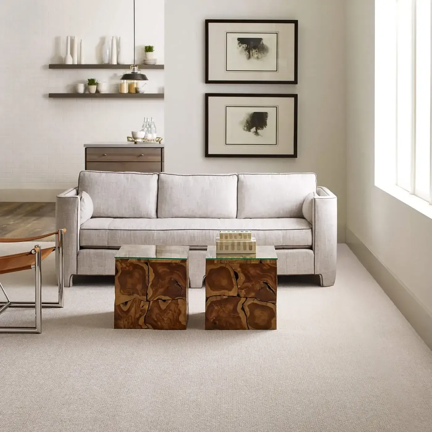 Light gray Shaw Floors carpet in a lightly colored living room | Fantastic Floors