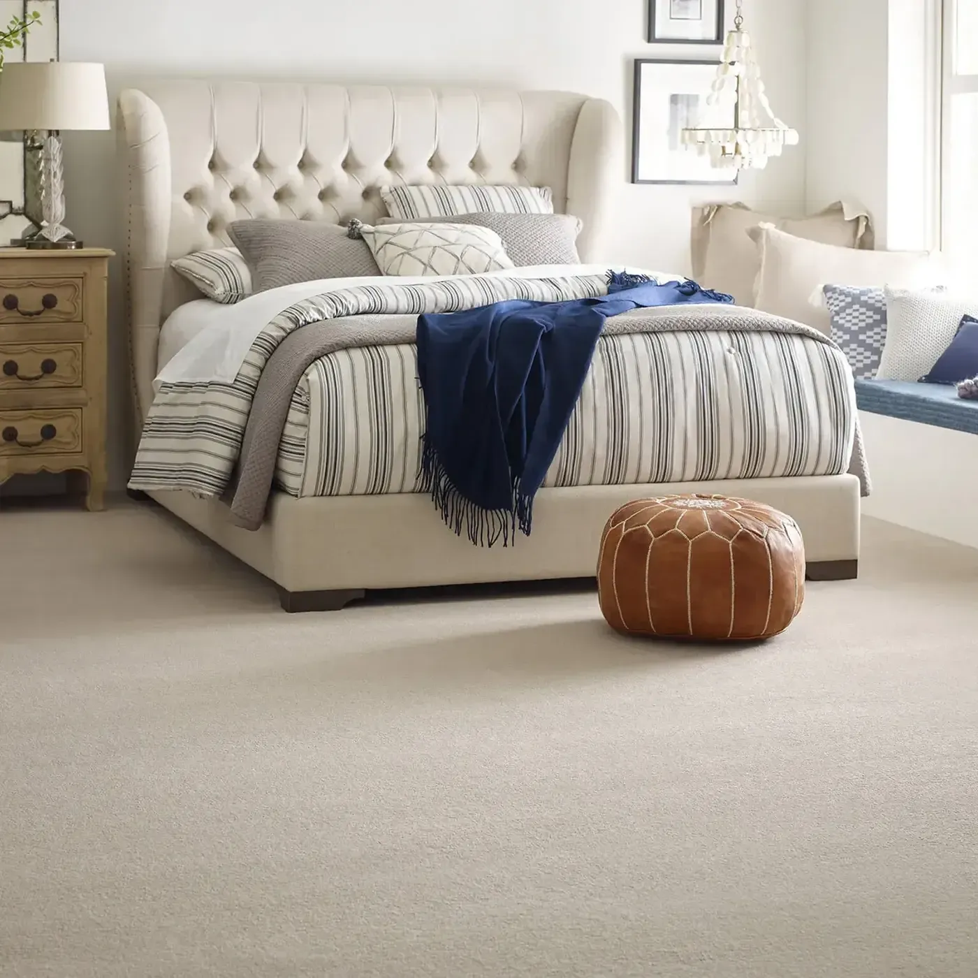 Cream colored Shaw Floors carpet in a contemporary bedroom | Fantastic Floors