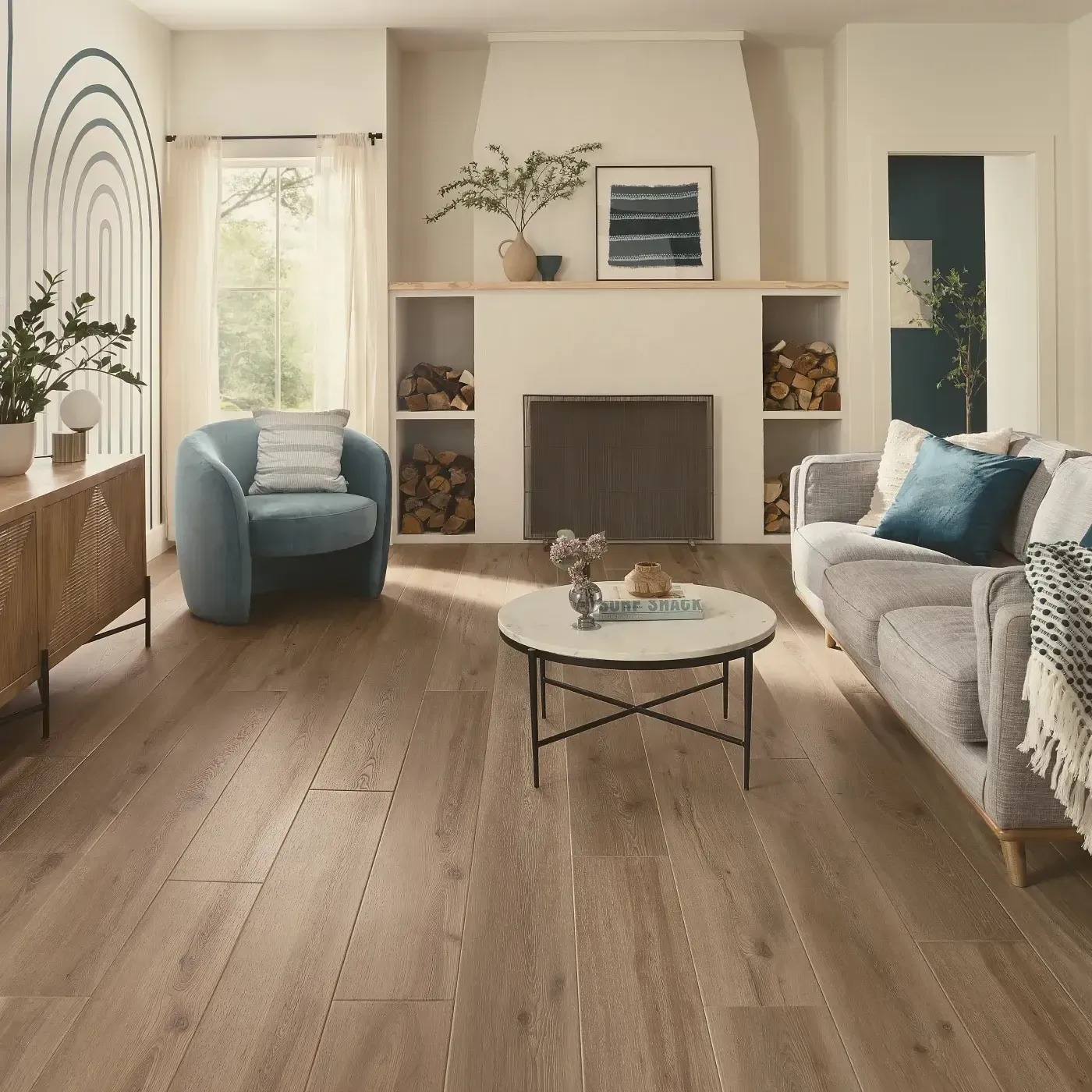 COREtec Luxury Vinyl in a medium brown wood tone in a living room | Fantastic Floors