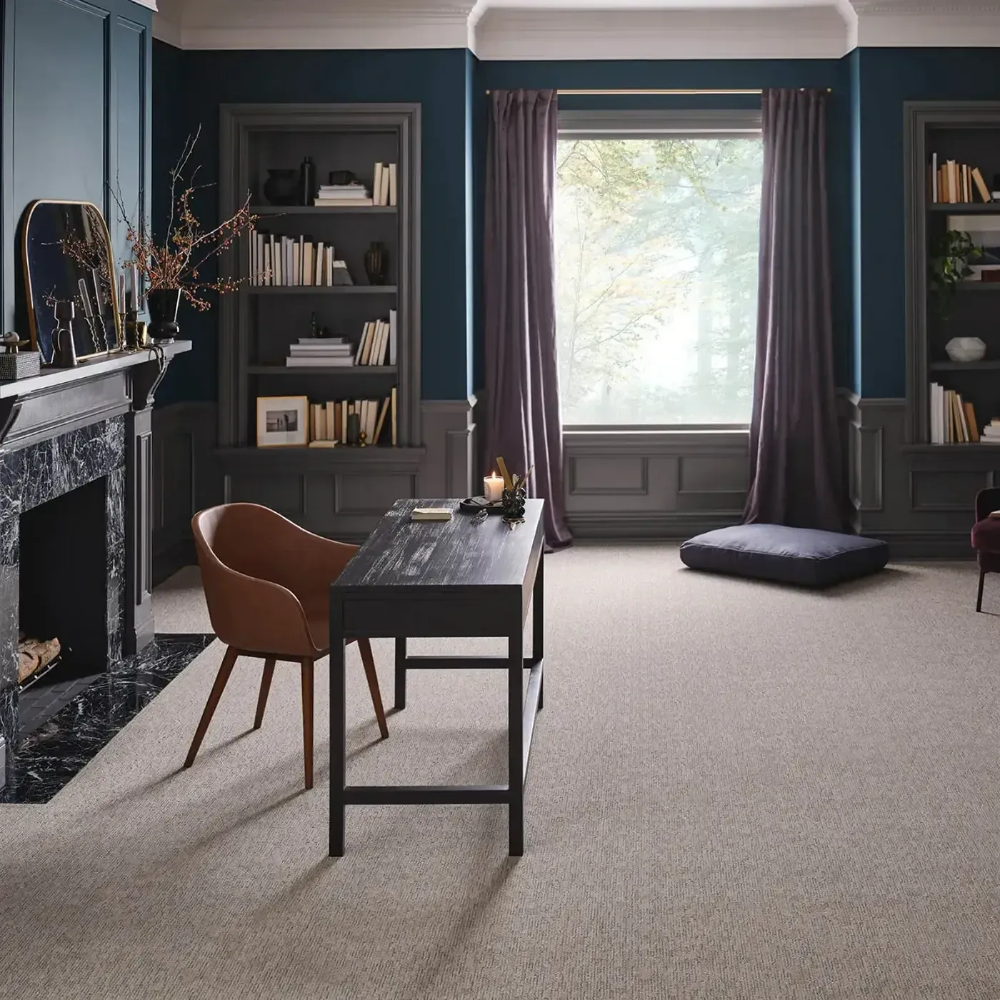 Beige-gray Shaw Floors carpet in a darkly lit residential office | Fantastic Floors